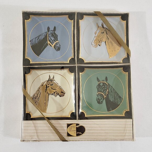 Vintage NOS 4 Glass Trinket Trays Ash Trays Dishes Horses Equestrian - Houze Art - Picture 1 of 3